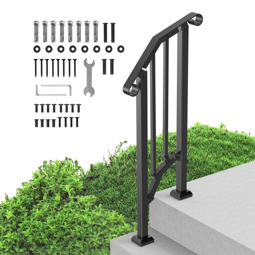 VEVOR Handläufe für Außentreppen, 1–2-stufiges Treppenhandlauf-Set, Übergangsgeländer aus Karbonstahl mit Montagesatz, Treppengeländer für Senioren, Betonstufen & Veranda & Deck, schwarzer Retro-Bogen