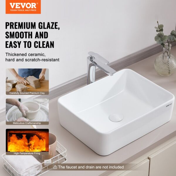 VEVOR Rechteckiges Aufsatzwaschbecken Waschbecken, 482 x 373 x 135 mm, Badezimmer-Aufsatzwaschbecken über der Theke, Keramikwaschbecken moderner Stil, für Toiletten, Hotels, Restaurants, helles Weiß – Bild 2