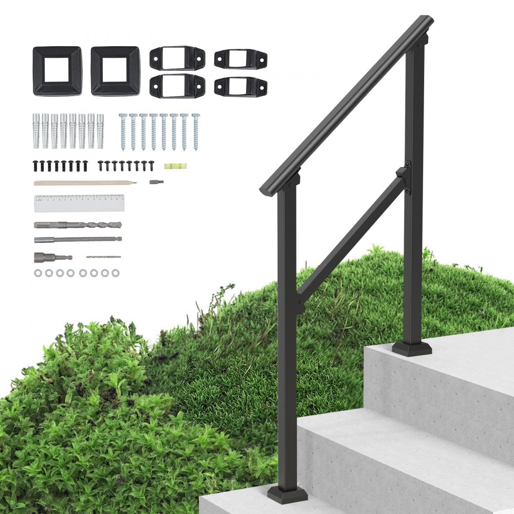 VEVOR Handläufe für Außentreppen, 2–3-stufiges Treppenhandlauf-Set, Übergangsgeländer aus Karbonstahl mit Montagesatz, Treppengeländer für Senioren, Betonstufen & Veranda & Deck, schwarzes Vierkantrohr