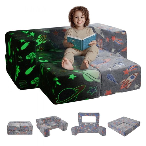 VEVOR Spielsofa Kindersofa aus 25D-Schaum Bausteine 10-teilig, Kinderspielsofa mit abnehmbarem Bezug 90 kg belastbarer Kindercouch, umwandelbares Kindersofa Spielzimmermöbel im Dunkeln Leuchten