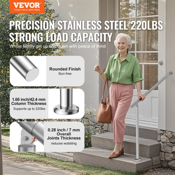 VEVOR Handläufe für Außentreppen, 80 cm Terrassengeländer-Set zur Wand- und Bodenmontage, Silber – Bild 2