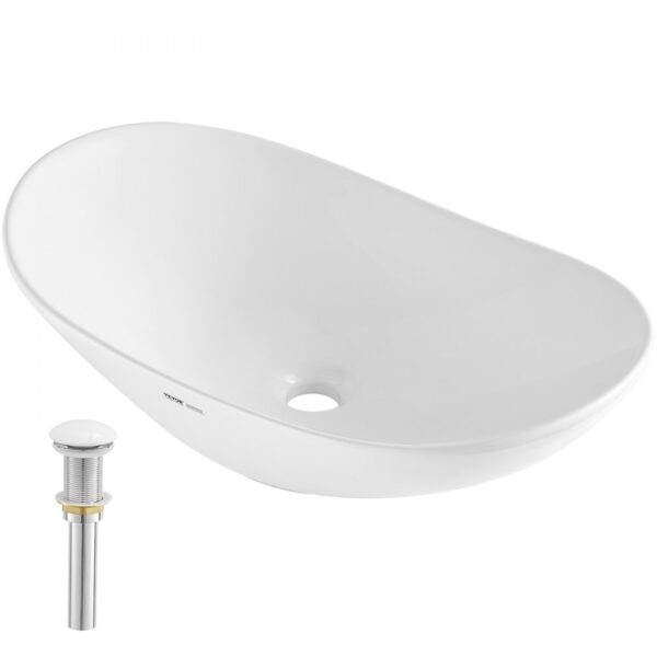 VEVOR Ovales Aufsatzwaschbecken Waschbecken, 592 x 361 x 158 mm, Badezimmer-Aufsatzwaschbecken über der Theke, Keramikwaschbecken moderner Stil, für Toiletten, Hotels, Restaurants, helles Weiß