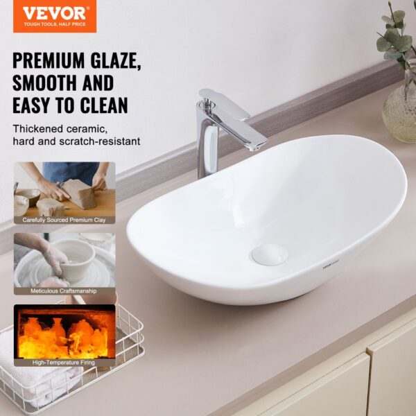 VEVOR Ovales Aufsatzwaschbecken Waschbecken, 592 x 361 x 158 mm, Badezimmer-Aufsatzwaschbecken über der Theke, Keramikwaschbecken moderner Stil, für Toiletten, Hotels, Restaurants, helles Weiß – Bild 2