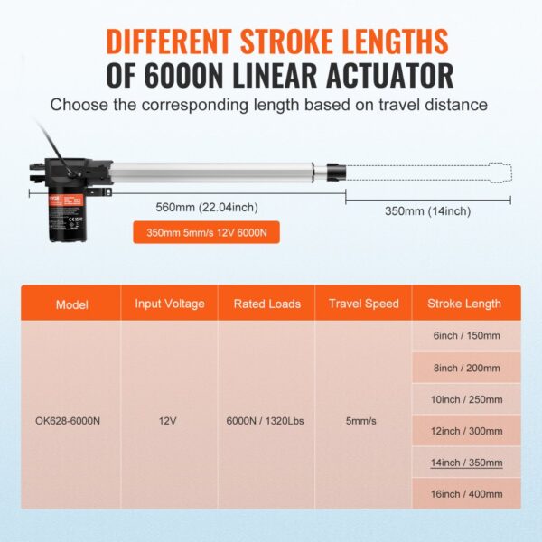 VEVOR 6000N Linear Actuator DC 12V Linearantrieb IP44 Elektrischer Linearmotor 350mm Hublänge Geräuschpegel ≤50dB Elektrische Türöffner 5mm/s Fahrgeschwindigkeit Lineartechnik Verstellantrieb – Bild 3