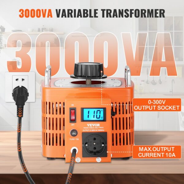VEVOR 3000VA automatischer Stelltransformator mit variabler Spannung, 10 Ampere, 230 V Eingang, 0-300 V Ausgang, Wechselspannungsregler, mit LCD-Display, 4 zusätzlichen Sicherungen – Bild 3