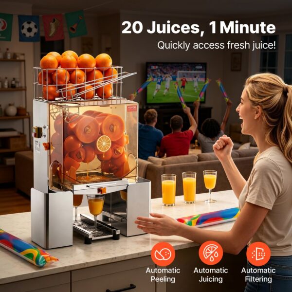 VEVOR Kommerzielle Orangenpresse Automatischer 120-W-Entsafter, Edelstahl-Orangenpresse für 20 Orangen pro Minute, mit Herausziehbarer Filterbox, PC-Abdeckung Zitruspresse Saftpresse Elektrisch – Bild 2 VEVOR Kommerzielle Orangenpresse Automatischer 120-W-Entsafter, Edelstahl-Orangenpresse für 20 Orangen pro Minute, mit Herausziehbarer Filterbox, PC-Abdeckung Zitruspresse Saftpresse Elektrisch – Bild 2