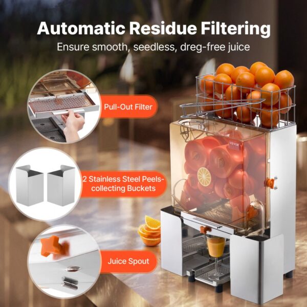 VEVOR Kommerzielle Orangenpresse Automatischer 120-W-Entsafter, Edelstahl-Orangenpresse für 20 Orangen pro Minute, mit Herausziehbarer Filterbox, PC-Abdeckung Zitruspresse Saftpresse Elektrisch – Bild 4 VEVOR Kommerzielle Orangenpresse Automatischer 120-W-Entsafter, Edelstahl-Orangenpresse für 20 Orangen pro Minute, mit Herausziehbarer Filterbox, PC-Abdeckung Zitruspresse Saftpresse Elektrisch – Bild 4