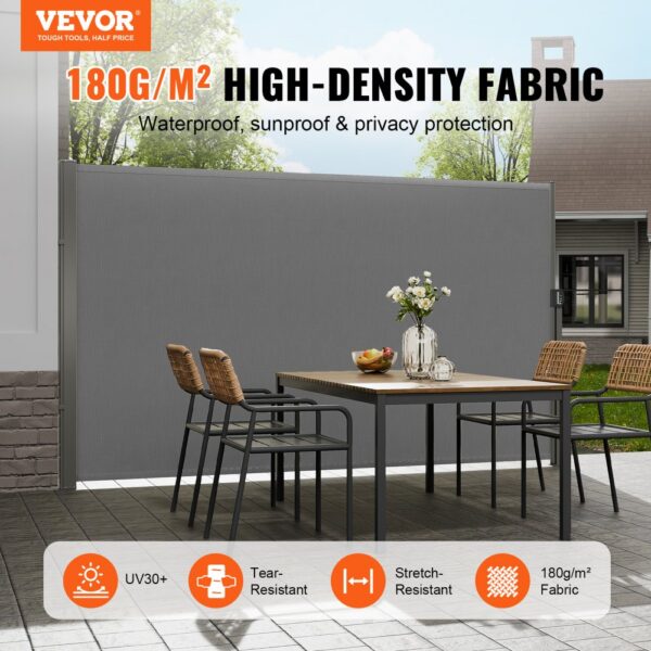VEVOR Seitenmarkise 200 x 300 cm Seitenwandmarkise aus 180 g/m² Polyestergewebe mit PU-Beschichtung Markise einziehbarer Griff mit Federmechanismus Sichtschutz Blickschutz für Balkone Innenhöfe Grau – Bild 2