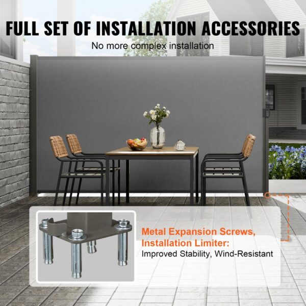 VEVOR Seitenmarkise 200 x 300 cm Seitenwandmarkise aus 180 g/m² Polyestergewebe mit PU-Beschichtung Markise einziehbarer Griff mit Federmechanismus Sichtschutz Blickschutz für Balkone Innenhöfe Grau – Bild 4