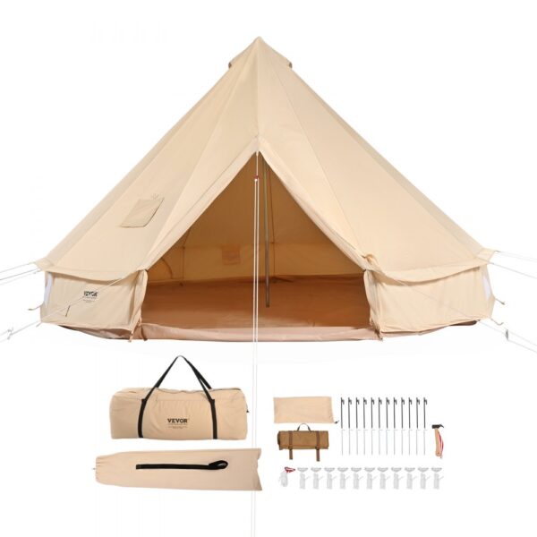 VEVOR Glockenzelt 4 x 2,5 m Jurten Zelt TC-Baumwolle und robusten Eisenstangen mit einer PVC-Bodenplane Campingzelt 6 Personen Familienzelt 8 Fenster Gruppenzelt für Outdoor-Abenteuer