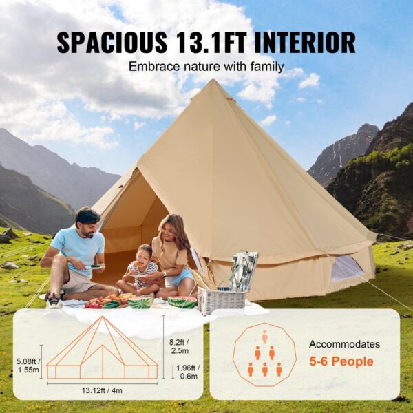 VEVOR Glockenzelt 4 x 2,5 m Jurten Zelt TC-Baumwolle und robusten Eisenstangen mit einer PVC-Bodenplane Campingzelt 6 Personen Familienzelt 8 Fenster Gruppenzelt für Outdoor-Abenteuer – Bild 4