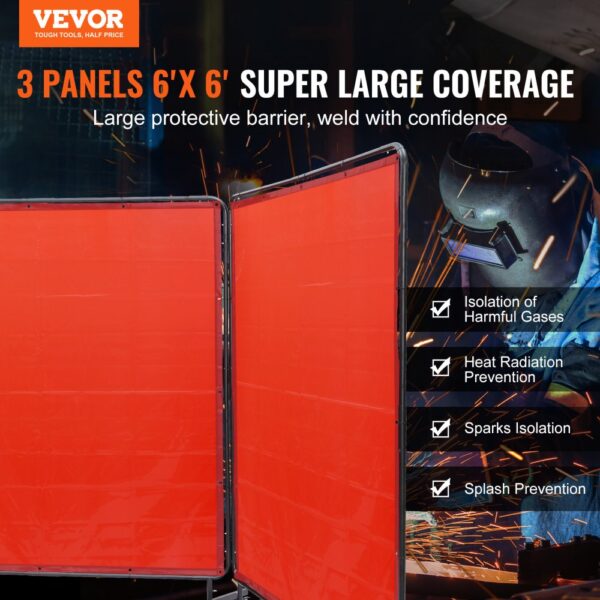 VEVOR 3-Panel-Schweißvorhang 1,8 x 1,8 m Schweißschutzvorhang aus Flammhemmendem Vinyl Schweißschutzwand mit 12 Schwenkrädern und einem 6-stufigen UV-Schutz Schweißerdecke Schweißschutz Rot – Bild 2