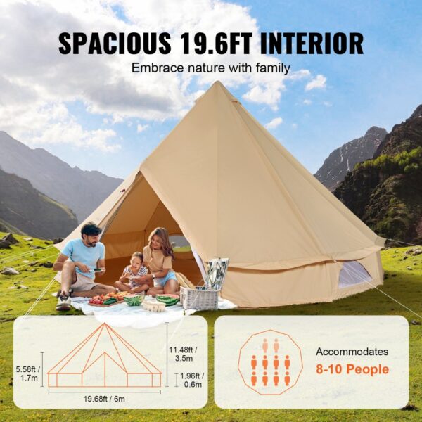 VEVOR Glockenzelt 6 x 3,5 m Jurten Zelt TC-Baumwolle und robusten Eisenstangen mit einer PVC-Bodenplane Campingzelt 10 Personen Familienzelt 12 Fenster Gruppenzelt für Outdoor-Abenteuer – Bild 4