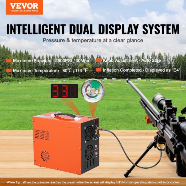 VEVOR PCP-Luftkompressor, 4500 PSI/30 MPa tragbarer PCP-Luftgewehrkompressor – Eingebautes Wasser- und Lüfterkühlsystem, Auto-Stopp DC12 V/AC230 V Paintball-Tankkompressor für Luftgewehr, Tauchflasche – Bild 2
