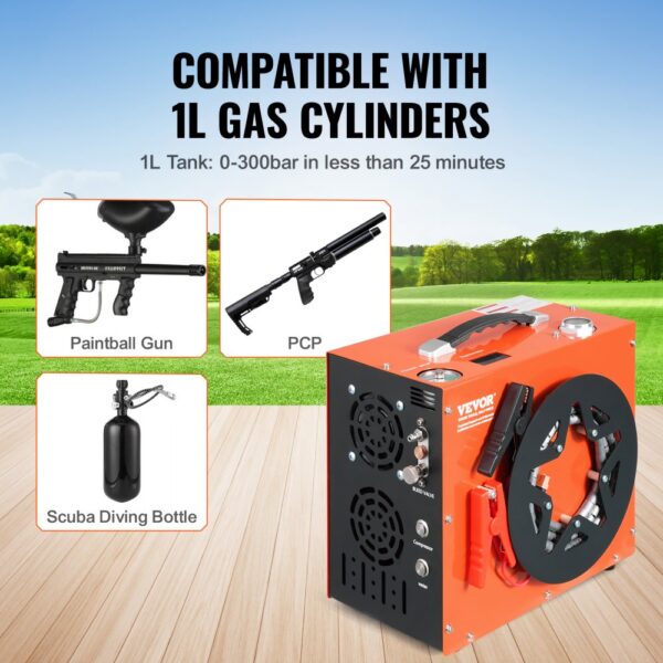 VEVOR PCP-Luftkompressor, 4500 PSI/30 MPa tragbarer PCP-Luftgewehrkompressor – Eingebautes Wasser- und Lüfterkühlsystem, Auto-Stopp DC12 V/AC230 V Paintball-Tankkompressor für Luftgewehr, Tauchflasche – Bild 5