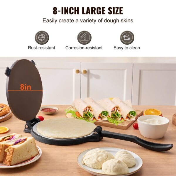 VEVOR Tortilla-Presse, 20 cm Taco Presse, Robuste Gusseisen-Tortilladora-Presse, Vorgewürzte Tortilla Maker Tortilla Hersteller mit 100 Stk. Pergamentpapier, Teigmaschine für Mehl-Tortilla, Schwarz – Bild 2 VEVOR Tortilla-Presse, 20 cm Taco Presse, Robuste Gusseisen-Tortilladora-Presse, Vorgewürzte Tortilla Maker Tortilla Hersteller mit 100 Stk. Pergamentpapier, Teigmaschine für Mehl-Tortilla, Schwarz – Bild 2