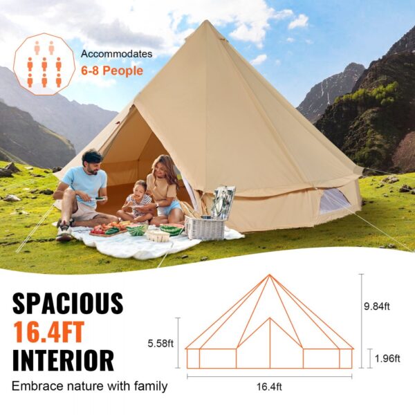VEVOR Glockenzelt 5 x 3 m Jurten Zelt TC-Baumwolle mit hochfesten Eisenstangen und einer PVC-Bodenplane Campingzelt Familienzelt 8 Fenster Pyramidenzelt Gruppenzelt für Outdoor-Abenteuer – Bild 4