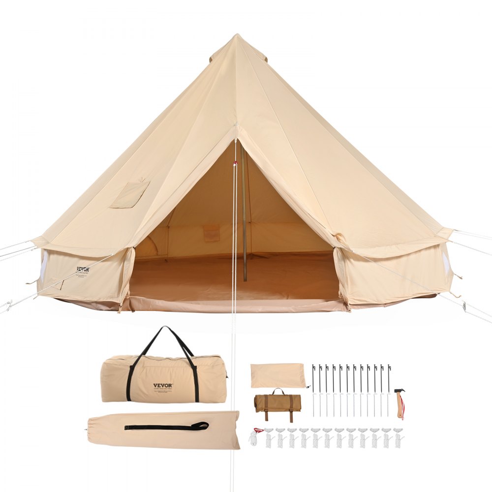 VEVOR Glockenzelt 5 x 3 m Jurten Zelt TC-Baumwolle mit hochfesten Eisenstangen und einer PVC-Bodenplane Campingzelt Familienzelt 8 Fenster Pyramidenzelt Gruppenzelt für Outdoor-Abenteuer