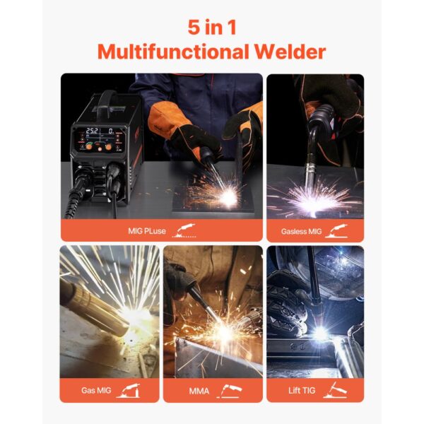 VEVOR Pro MIG-Schweißgerät, 200 Ampere Pluse MIG-Welder, 5-in-1 Schweißer MIG Pluse, gasloses MIG, Gas-MIG, MMA und Lift WIG, mit IGBT-Wechselrichtertechnologie und LCD-Bildschirmanzeige – Bild 2