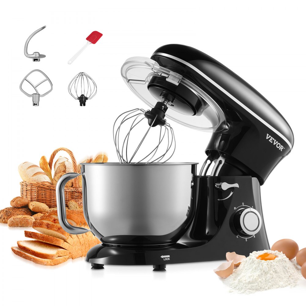 VEVOR KüchenmaschineTeigmixer 1400 W 5,68 L Küchenmaschine mit kippbarem Kopf Edelstahlschüssel Knethaken Schneebesen Schaber, Haushalts-Küchenmaschine zum Backen und Mixen, schwarz