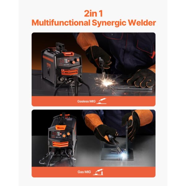 VEVOR MIG-Schweißgerät, 130 A synergetische MIG-Schweißmaschine, 2-in-1-Gas-MIG/gasloses MIG-Fülldraht-Mehrprozessschweißer, MIG-Welder mit IGBT-Wechselrichtertechnologie & digitalem Anzeigebildschirm – Bild 2