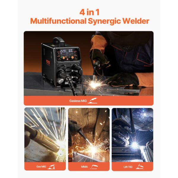 VEVOR MIG-Schweißgerät, 200 A synergetische MIG-Schweißmaschine, 4-in-1-Gas-MIG/Flux Core-MIG/Stick/Lift-TIG-Mehrprozess-Welder mit IGBT-Wechselrichtertechnologie und LCD-Bildschirmanzeige – Bild 2