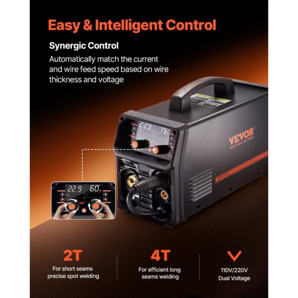 VEVOR MIG-Schweißgerät, 200 A synergetische MIG-Schweißmaschine, 4-in-1-Gas-MIG/Flux Core-MIG/Stick/Lift-TIG-Mehrprozess-Welder mit IGBT-Wechselrichtertechnologie und LCD-Bildschirmanzeige – Bild 4