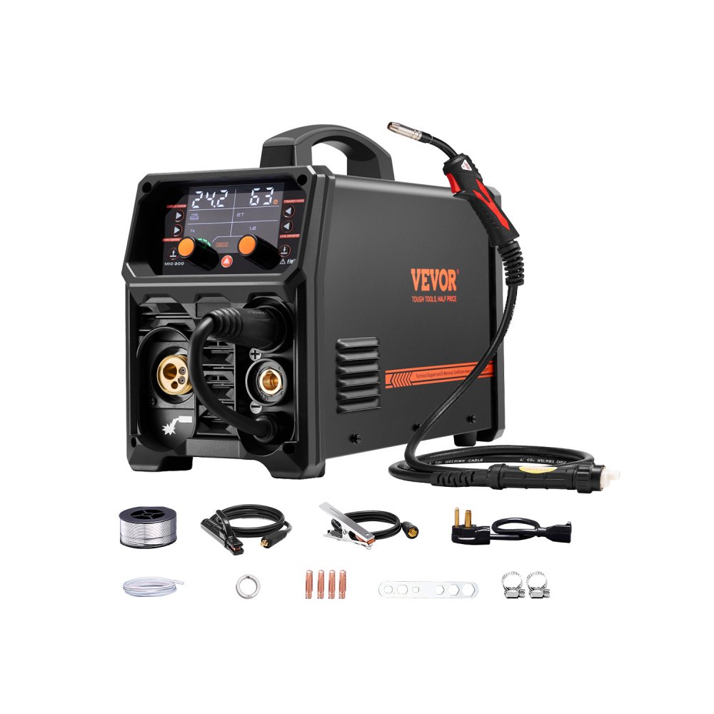 VEVOR MIG-Schweißgerät, 200 A synergetische MIG-Schweißmaschine, 4-in-1-Gas-MIG/Flux Core-MIG/Stick/Lift-TIG-Mehrprozess-Welder mit IGBT-Wechselrichtertechnologie und LCD-Bildschirmanzeige