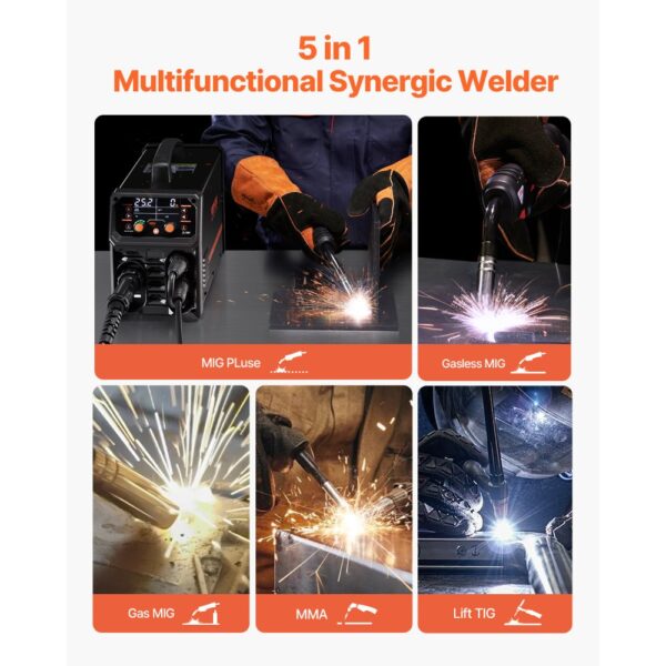 VEVOR Pro MIG-Schweißgerät, 250 Ampere Pluse MIG-Schweißer, 5-in-1 Synergie-Welder Gasloses MIG, Gas-MIG, MMA, Lift-TIG, MIG Pluse mit IGBT-Wechselrichtertechnologie und LCD-Bildschirmanzeige – Bild 2
