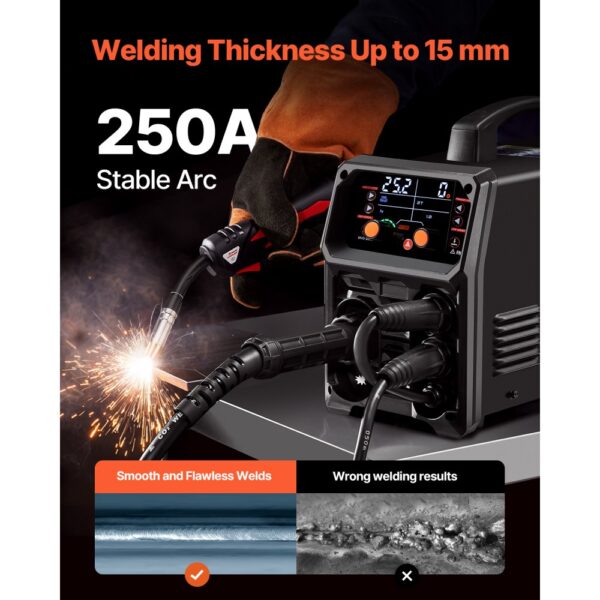 VEVOR Pro MIG-Schweißgerät, 250 Ampere Pluse MIG-Schweißer, 5-in-1 Synergie-Welder Gasloses MIG, Gas-MIG, MMA, Lift-TIG, MIG Pluse mit IGBT-Wechselrichtertechnologie und LCD-Bildschirmanzeige – Bild 3