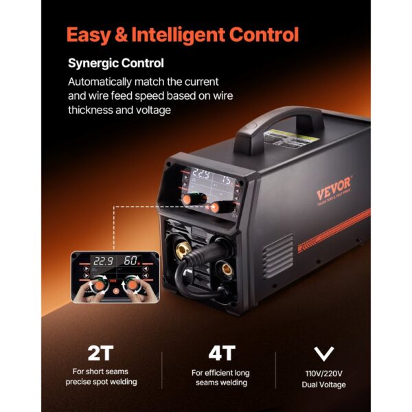 VEVOR Pro MIG-Schweißgerät, 250 Ampere Pluse MIG-Schweißer, 5-in-1 Synergie-Welder Gasloses MIG, Gas-MIG, MMA, Lift-TIG, MIG Pluse mit IGBT-Wechselrichtertechnologie und LCD-Bildschirmanzeige – Bild 4