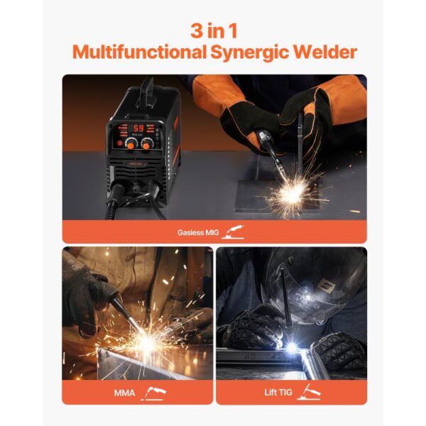 VEVOR MIG-Schweißgerät, 130 A synergetische MIG-Schweißmaschine, 3-in-1-Flusskern-MIG/MMA/Lift-TIG-Mehrprozess-Schweißer, Welder mit IGBT-Wechselrichtertechnologie und digitalem Anzeigebildschirm – Bild 2