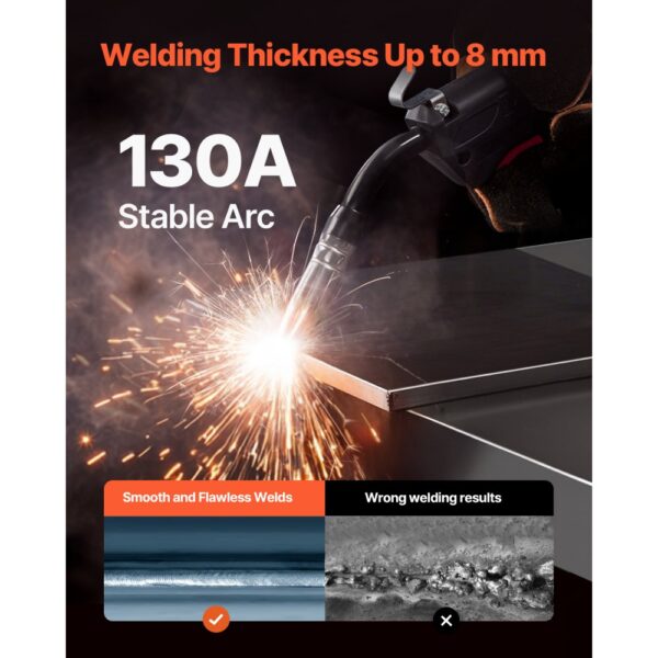 VEVOR MIG-Schweißgerät, 130 A synergetische MIG-Schweißmaschine, 3-in-1-Flusskern-MIG/MMA/Lift-TIG-Mehrprozess-Schweißer, Welder mit IGBT-Wechselrichtertechnologie und digitalem Anzeigebildschirm – Bild 3