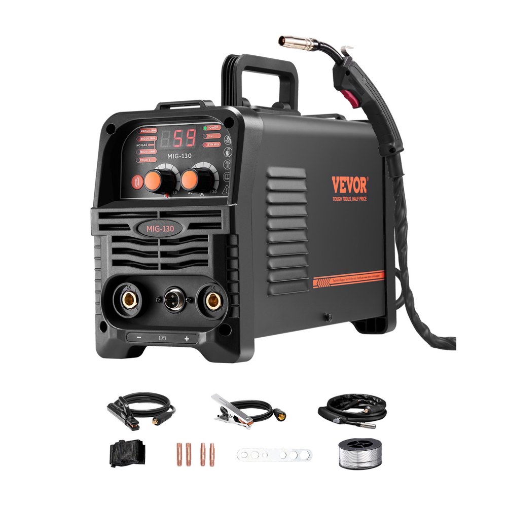 VEVOR MIG-Schweißgerät, 130 A synergetische MIG-Schweißmaschine, 3-in-1-Flusskern-MIG/MMA/Lift-TIG-Mehrprozess-Schweißer, Welder mit IGBT-Wechselrichtertechnologie und digitalem Anzeigebildschirm