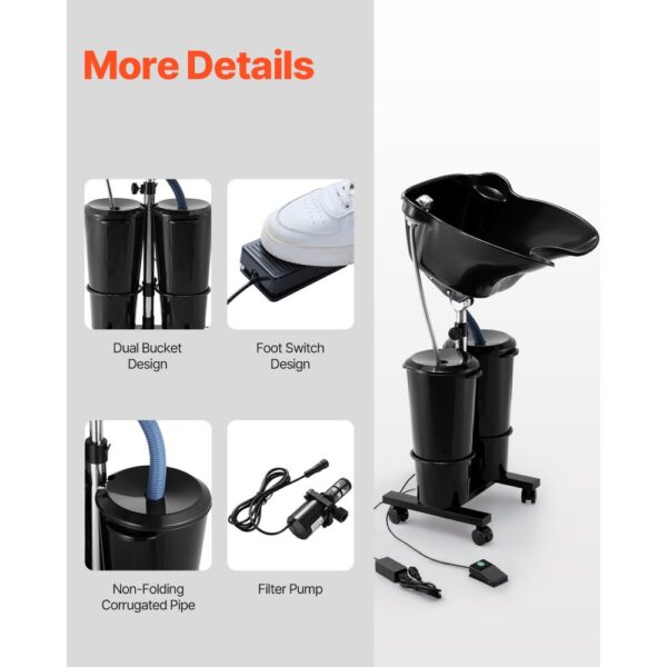 VEVOR Friseur Waschbecken, Haarwaschwanne mit elektrischer Pumpe, inkl. 2 Eimern, 2 Duschköpfen, Ablaufschlauch, höhen- und winkelverstellbarer Rückwärtswaschbecken für Friseursalon, schwarz – Bild 4
