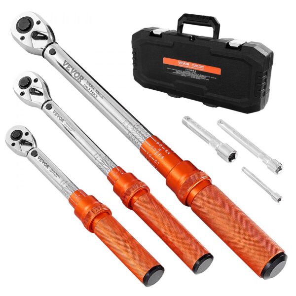 VEVOR Klick-Drehmomentschlüssel (3-tlg.) 1/4 3/8 1/2 Zoll Antrieb Zweiwege-Drehmomentschlüssel-Set mit Zweibereichsskalen, 72 Zähne ±3 % hohe Präzision legierter Stahl für Autoreparatur