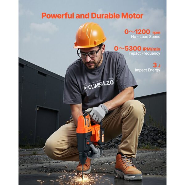 VEVOR 20 V bürstenloser Akku-Bohrhammer kabellos, Lithium-Ionen 28 mm Bohrhammer, SDS-Plus Elektro-Leichtbausatz mit Akku & Ladegerät & Tragekoffer, 4 Funktionen, 1200 U/min, 5300 BPM – Bild 2