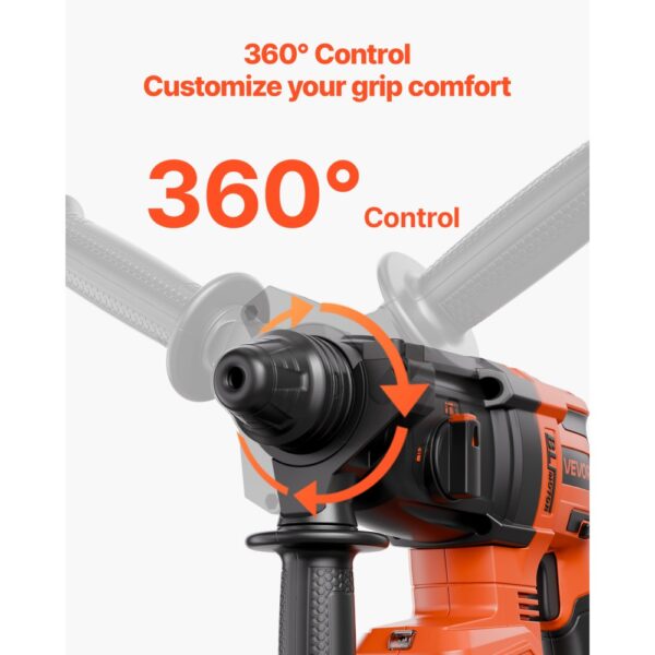 VEVOR 20 V bürstenloser Akku-Bohrhammer kabellos, Lithium-Ionen 28 mm Bohrhammer, SDS-Plus Elektro-Leichtbausatz mit Akku & Ladegerät & Tragekoffer, 4 Funktionen, 1200 U/min, 5300 BPM – Bild 5
