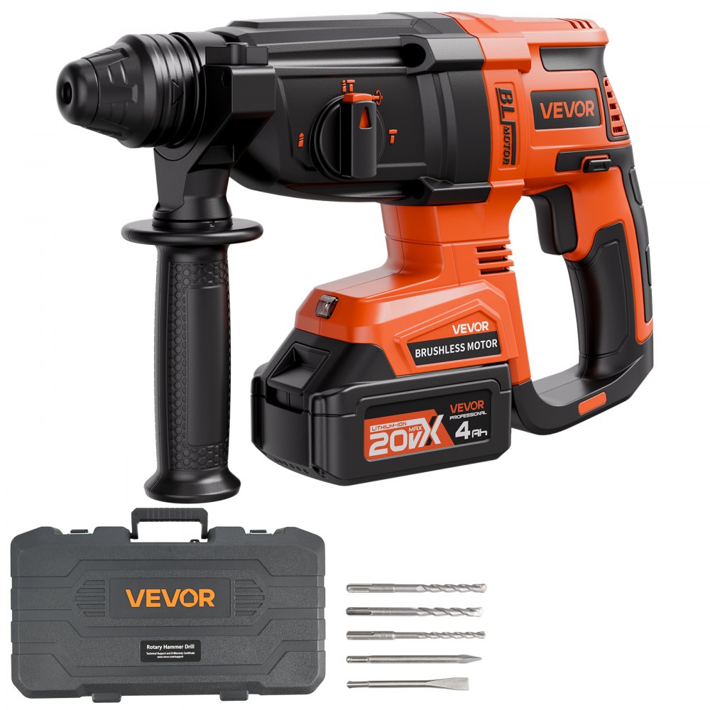 VEVOR 20 V bürstenloser Akku-Bohrhammer kabellos, Lithium-Ionen 28 mm Bohrhammer, SDS-Plus Elektro-Leichtbausatz mit Akku & Ladegerät & Tragekoffer, 4 Funktionen, 1200 U/min, 5300 BPM