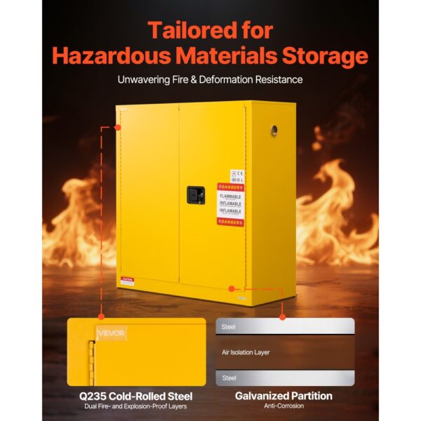 VEVOR Feuerlöschschrank feuerlöschfähiger brennbarer Lagerschrank (110 L) mit verstellbarem Regal, Feuerlöschschränke aus kaltgewalztem & verzinktem Stahl, Gelb Schutzschrank Gefahrstoffschrank – Bild 2