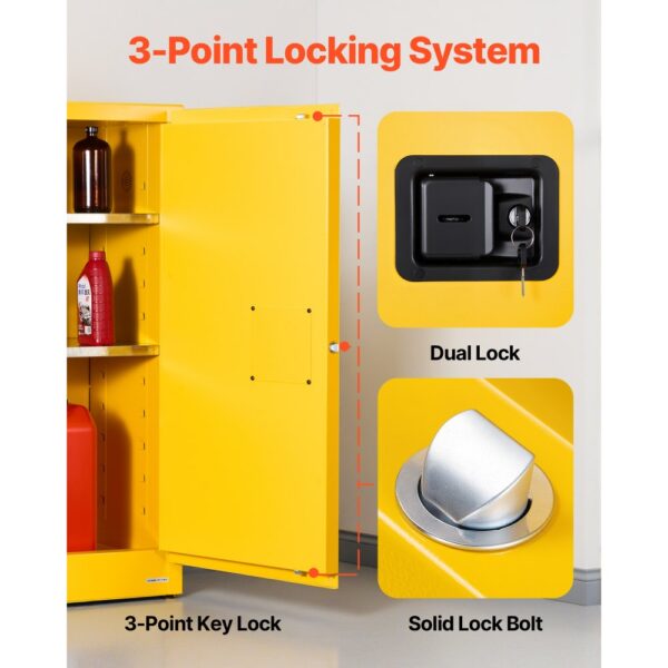 VEVOR Feuerlöschschrank feuerlöschfähiger brennbarer Lagerschrank (110 L) mit verstellbarem Regal, Feuerlöschschränke aus kaltgewalztem & verzinktem Stahl, Gelb Schutzschrank Gefahrstoffschrank – Bild 5