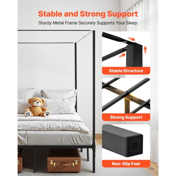 VEVOR Himmelbettrahmen (Full Size), Metallhimmelbett mit Himmelbett-Design (363 kg belastbar), robuste Stahllattenstütze (Quadrat), Stauraum unter dem Bett, kein Boxspring erforderlich, Schwarz – Bild 3