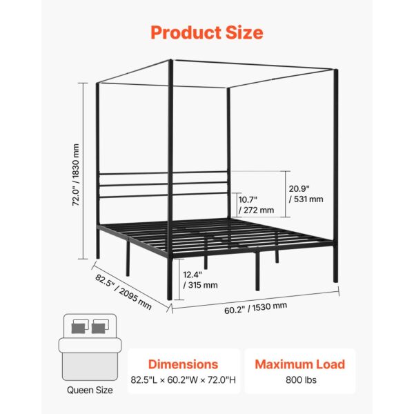 VEVOR Himmelbettrahmen (Queen Size), Metallhimmelbett (363 kg belastbar) mit Himmelbett-Design, Stahllattenstütze (Quadrat), Stauraum unter dem Bett, kein Boxspring erforderlich, Netzrahmen Schwarz – Bild 2 VEVOR Himmelbettrahmen (Queen Size), Metallhimmelbett (363 kg belastbar) mit Himmelbett-Design, Stahllattenstütze (Quadrat), Stauraum unter dem Bett, kein Boxspring erforderlich, Netzrahmen Schwarz – Bild 2