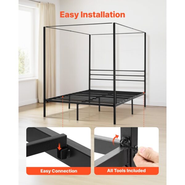 VEVOR Himmelbettrahmen (Queen Size), Metallhimmelbett (363 kg belastbar) mit Himmelbett-Design, Stahllattenstütze (Quadrat), Stauraum unter dem Bett, kein Boxspring erforderlich, Netzrahmen Schwarz – Bild 5 VEVOR Himmelbettrahmen (Queen Size), Metallhimmelbett (363 kg belastbar) mit Himmelbett-Design, Stahllattenstütze (Quadrat), Stauraum unter dem Bett, kein Boxspring erforderlich, Netzrahmen Schwarz – Bild 5