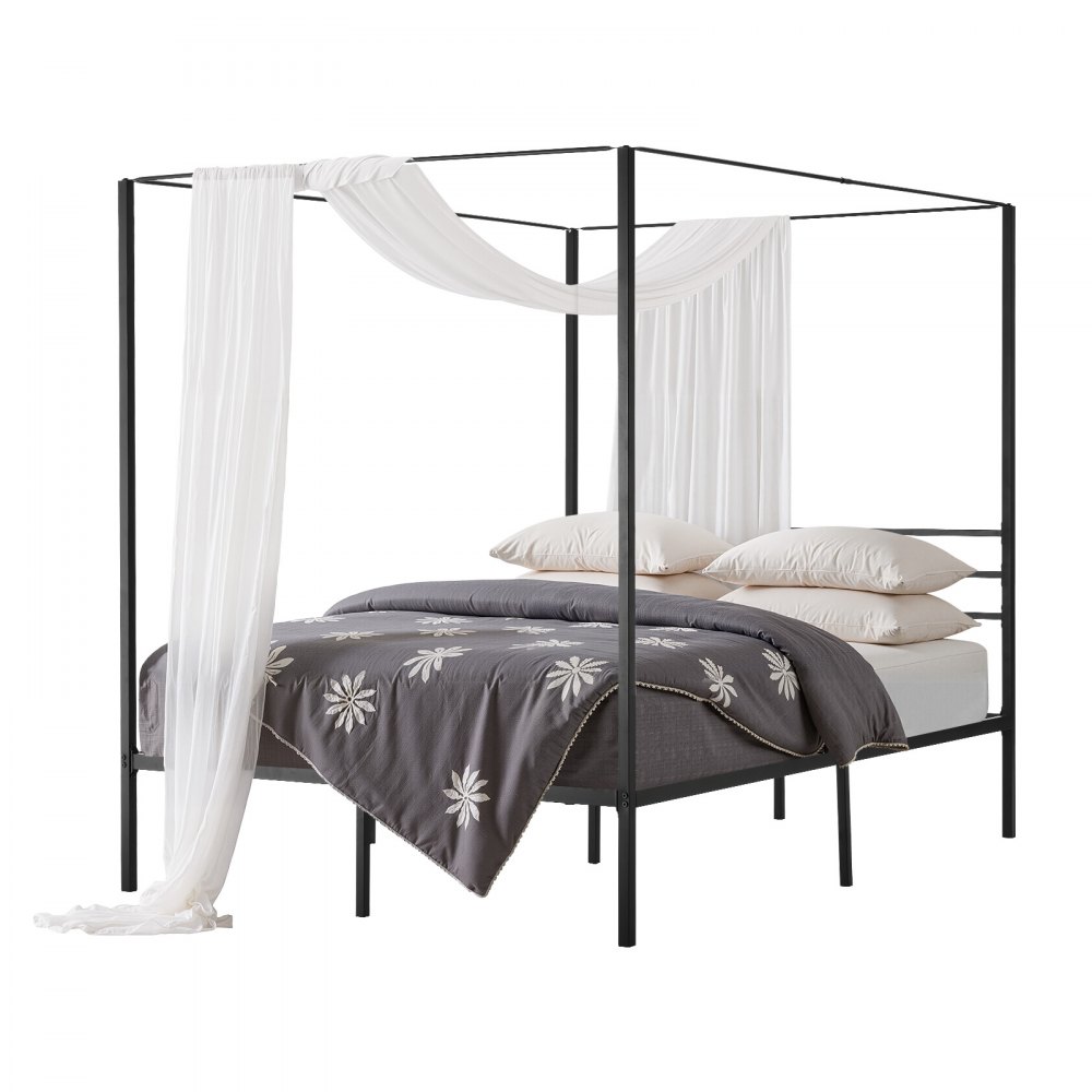 VEVOR Himmelbettrahmen (Queen Size), Metallhimmelbett (363 kg belastbar) mit Himmelbett-Design, Stahllattenstütze (Quadrat), Stauraum unter dem Bett, kein Boxspring erforderlich, Netzrahmen Schwarz