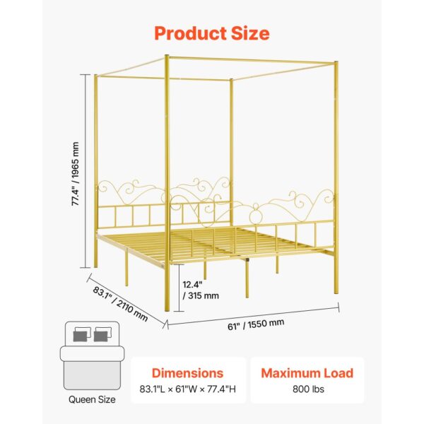 VEVOR Himmelbettrahmen (Queen Size), Metallhimmelbett mit minimalistischem Kopfteil & Himmelbett-Design, robuste Stahllattenstütze (rund), Stauraum unter dem Bett, kein Boxspring erforderlich, Gold – Bild 2