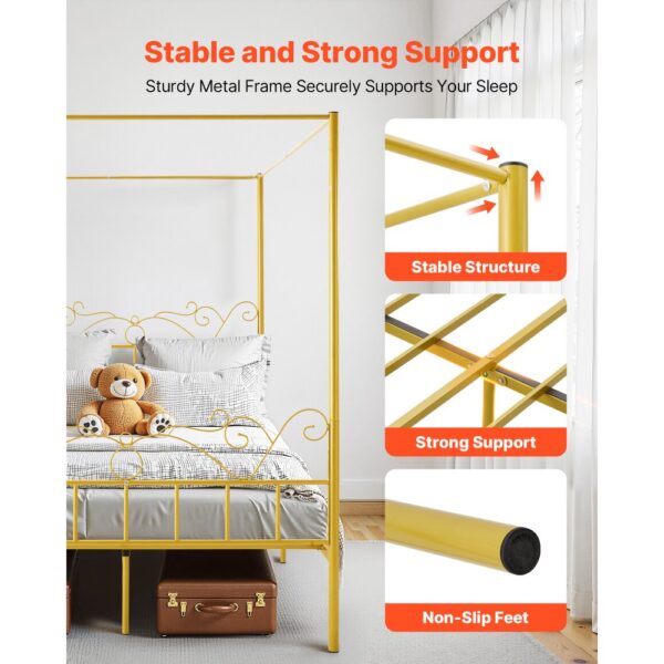 VEVOR Himmelbettrahmen (Queen Size), Metallhimmelbett mit minimalistischem Kopfteil & Himmelbett-Design, robuste Stahllattenstütze (rund), Stauraum unter dem Bett, kein Boxspring erforderlich, Gold – Bild 3