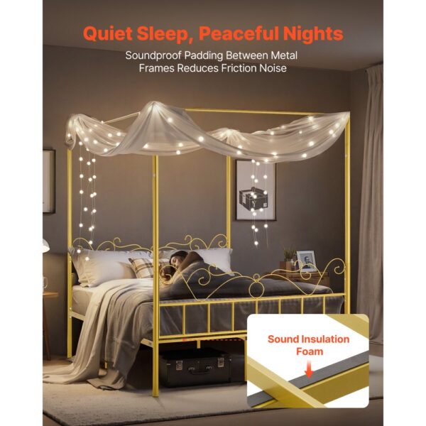 VEVOR Himmelbettrahmen (Queen Size), Metallhimmelbett mit minimalistischem Kopfteil & Himmelbett-Design, robuste Stahllattenstütze (rund), Stauraum unter dem Bett, kein Boxspring erforderlich, Gold – Bild 4