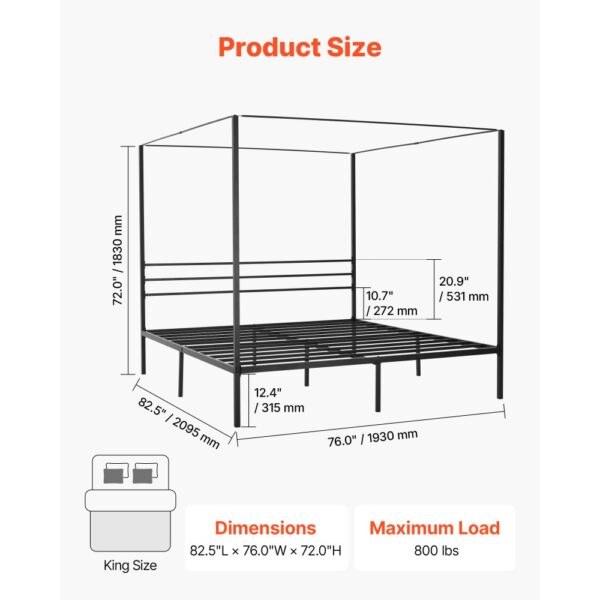 VEVOR Himmelbettrahmen (Kingsize), Metallhimmelbett (363 kg belastbar) mit Himmelbett-Design, robuste Stahllattenstütze, Stauraum unter dem Bett, kein Boxspring erforderlich, Netzrahmen Schwarz – Bild 2 VEVOR Himmelbettrahmen (Kingsize), Metallhimmelbett (363 kg belastbar) mit Himmelbett-Design, robuste Stahllattenstütze, Stauraum unter dem Bett, kein Boxspring erforderlich, Netzrahmen Schwarz – Bild 2