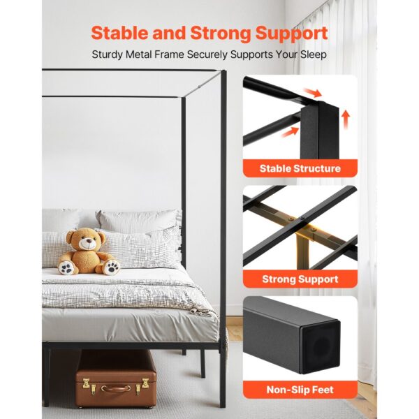 VEVOR Himmelbettrahmen (Kingsize), Metallhimmelbett (363 kg belastbar) mit Himmelbett-Design, robuste Stahllattenstütze, Stauraum unter dem Bett, kein Boxspring erforderlich, Netzrahmen Schwarz – Bild 3 VEVOR Himmelbettrahmen (Kingsize), Metallhimmelbett (363 kg belastbar) mit Himmelbett-Design, robuste Stahllattenstütze, Stauraum unter dem Bett, kein Boxspring erforderlich, Netzrahmen Schwarz – Bild 3